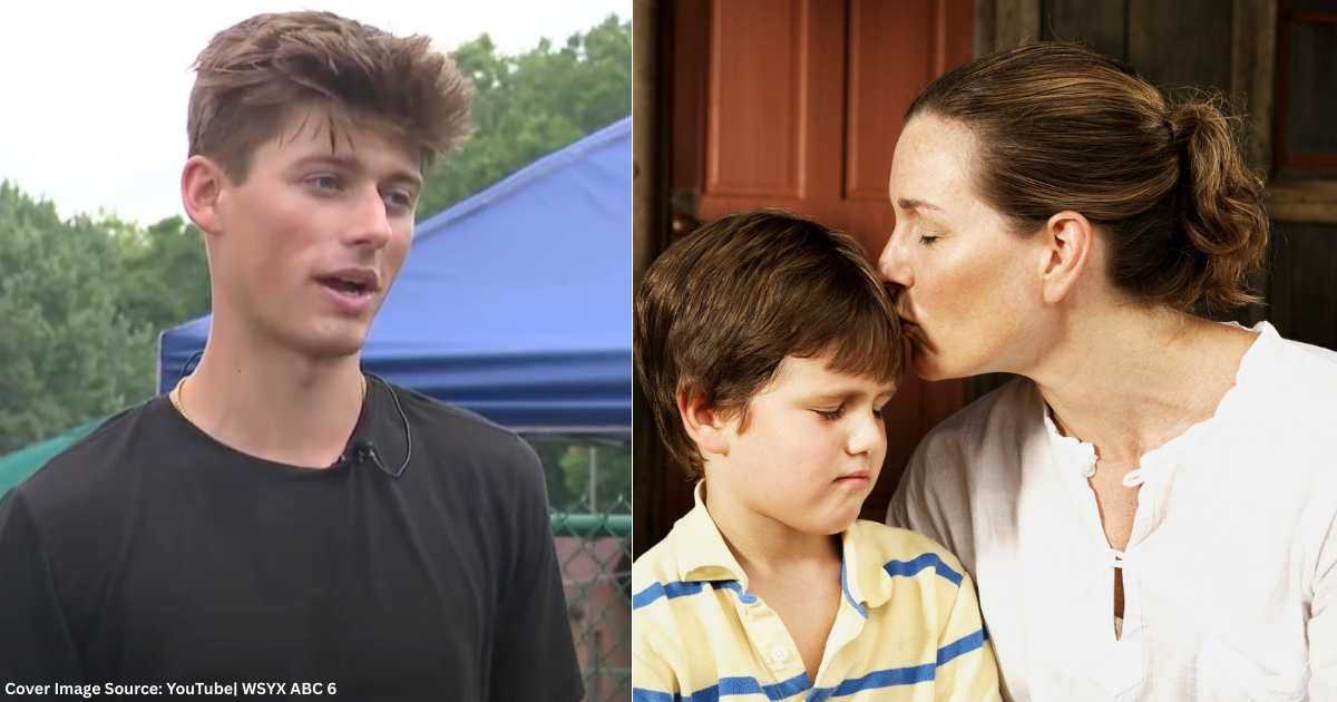 (L) Pataskala Pool manager Kaden Ross speaks in interview after life-saving rescue. (Cover Image Source: YouTube| WSYX ABC 6), (R) Relieved mom caresses and kisses son on forehead. (Representative Cover Image Source: Getty Images| jupiterimages) 
