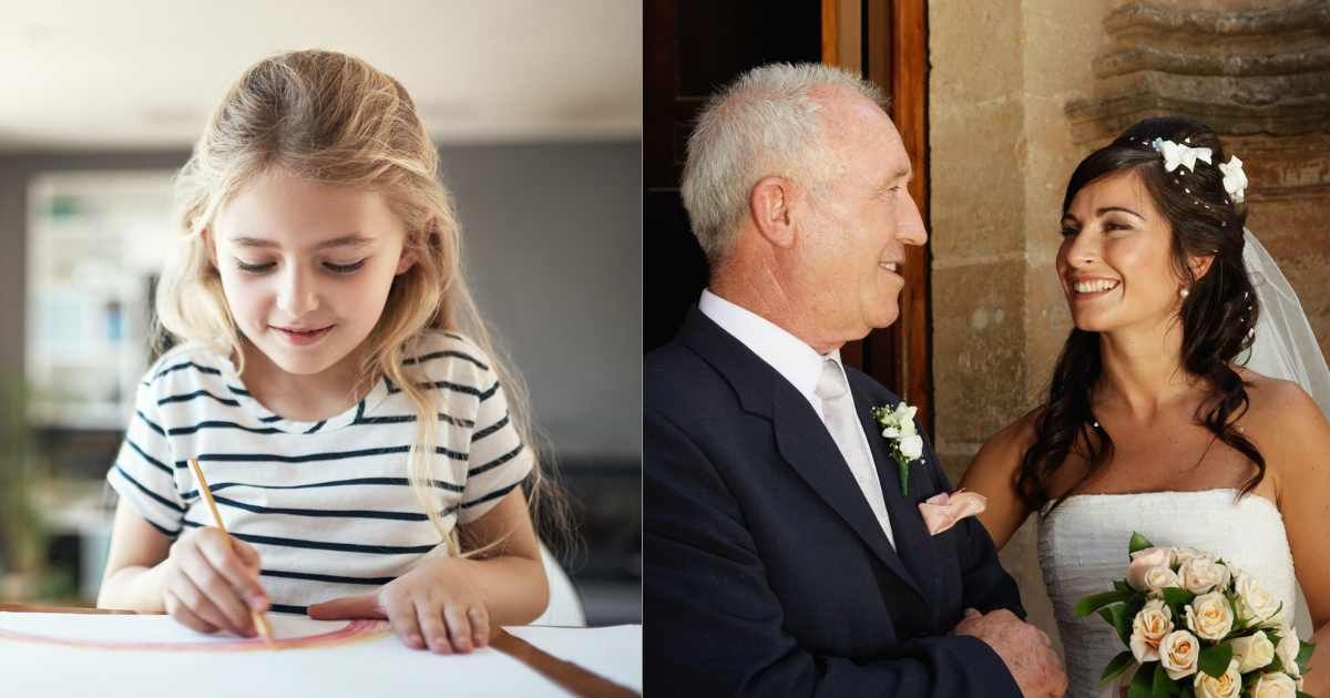 (L) Little girl excitedly writing and drawing. (Representative Cover Image Source: Getty Images| shapecharge), (R) Dad and daughter share happy smiles on wedding day. (Representative Cover Image Source: Getty Images| Maria Teijeiro)