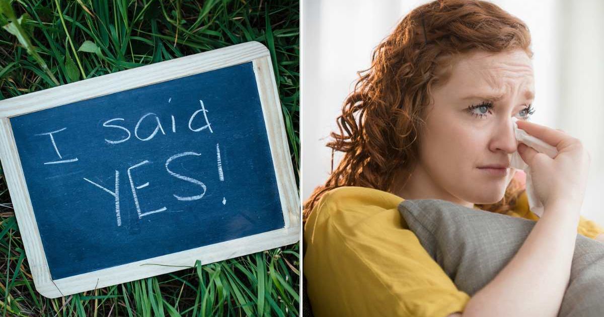 (L) A chalkboard that reads, 'I said yes.' (R) A woman wiping her tears while looking ahead. Representative Cover Image Source: Getty Images | Jamie Grill