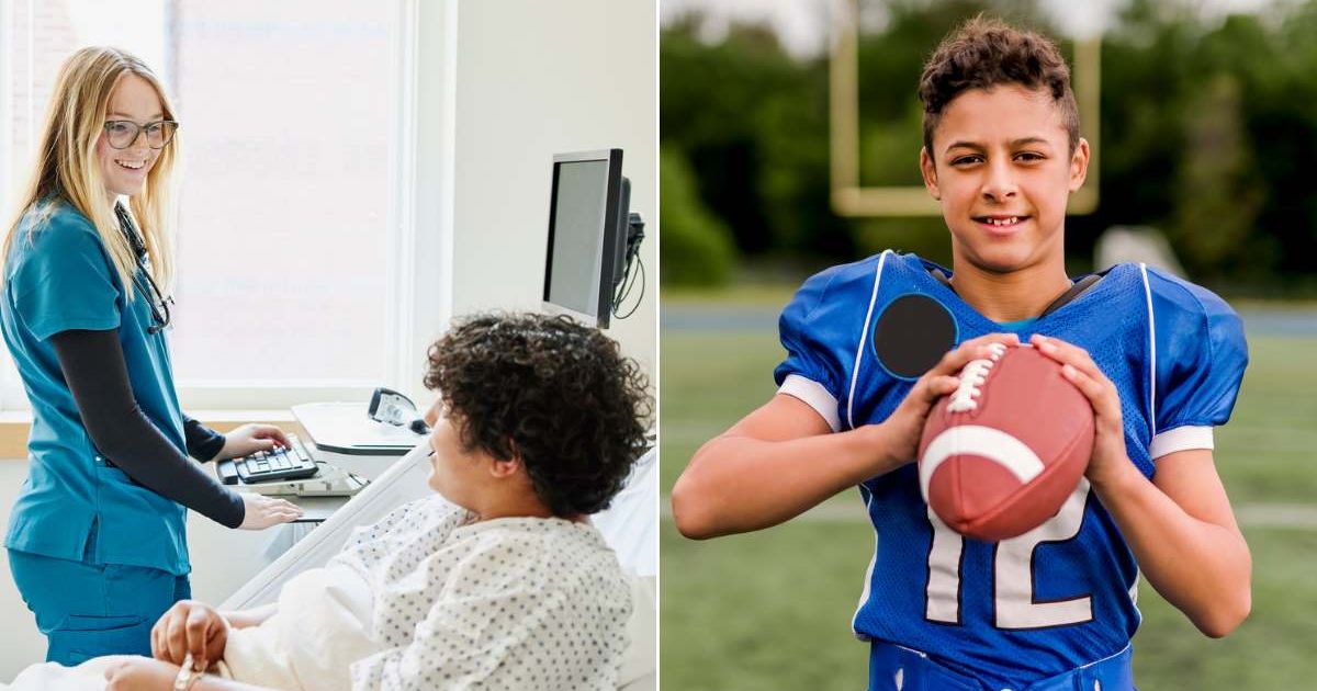 (L) Doctor checking on a young boy. (R) A young quarterback on a football field with a ball. Representative Cover Image Source: Getty Images | Thomas Barwick; LSOphoto