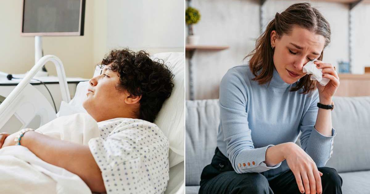 (L) A boy lying on a hospital bed. (R) A woman wiping her tears with a tissue. Representative Cover Image Source: Getty Images | Thomas Barwick; urbazon