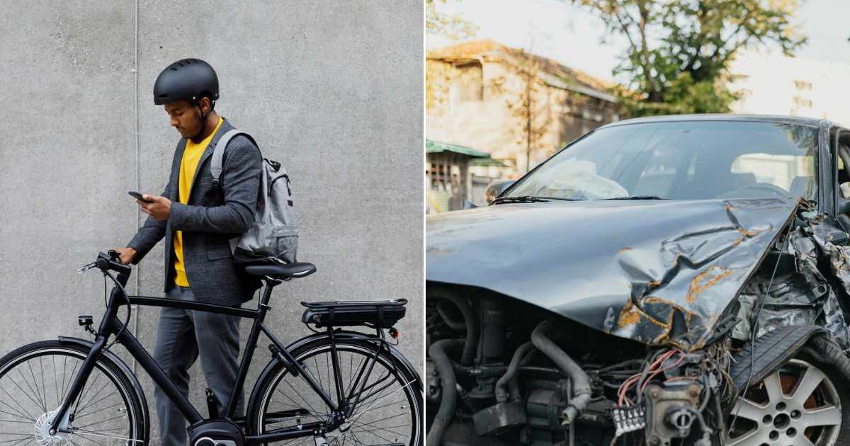 (L) Teen getting ready to ride on an e-bike. (R) A car after a road accident. Representative Cover Image Source: Getty Images | Solskin; Supersizer