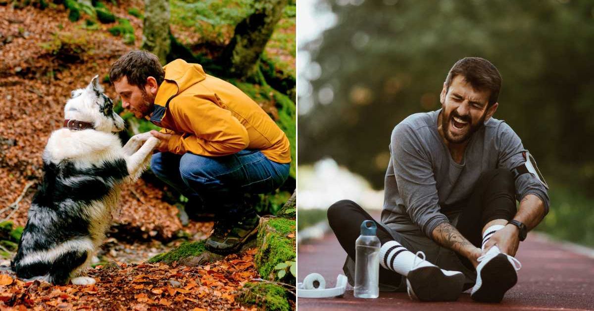 (L) Man in the woods with his dog. (R) An injured man sitting on the ground. Representative Cover Image Source: Getty Images | Alberto Menendez Cervero; Sanja Radin