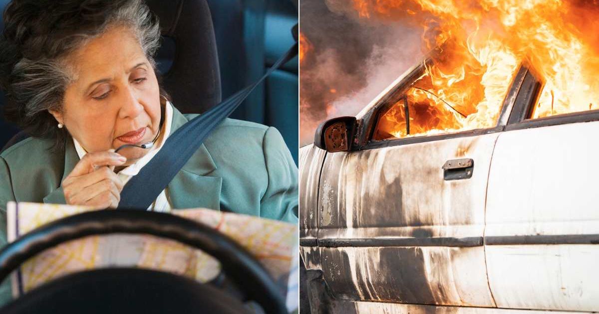 (L) Old woman driving a car. (R) A car is on fire on the road. Representative Cover Image Source: Getty Images | Jose Luis Pelaez Inc; Thianchai Sitthikongsak