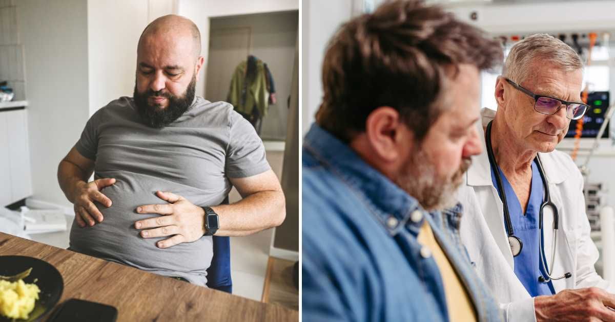 (L) A man holding his large stomach. (R) A patient with a doctor. (Representative Cover Image Source: Getty Images | Photo by (L) elenaleonova, (R) Halfpoint Images)