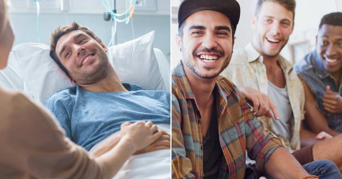 (L) A man lying on a hospital bed as his partner sits beside him. (R) A group of friends in an indoor setting. Representative Cover Image Source: Getty Images | Gorodenkoff; David Lees