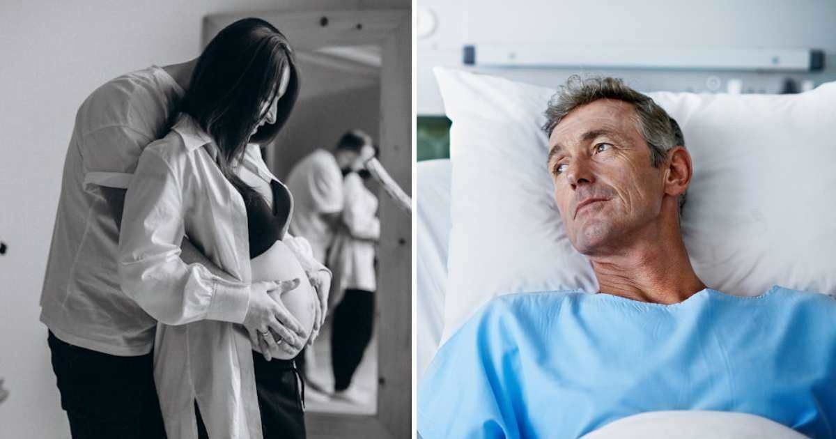 (L) Husband caressing wife's baby bump in their home. (R) A man in the hospital. (Representative Cover Image Source: Pexels | left image by Ivanna Havryliuk; Getty Images | Right image by kupicoo)