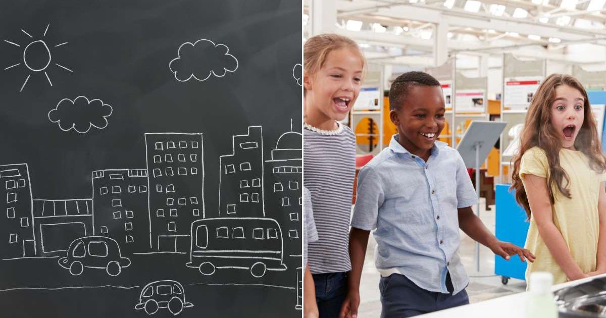 (L) Buildings and cars drawn on a chalkboard. (R) School kids looking at something with a surprised expression. Representative Cover Image Source: Getty Images | Yagi Studio; monkeybusinessimages