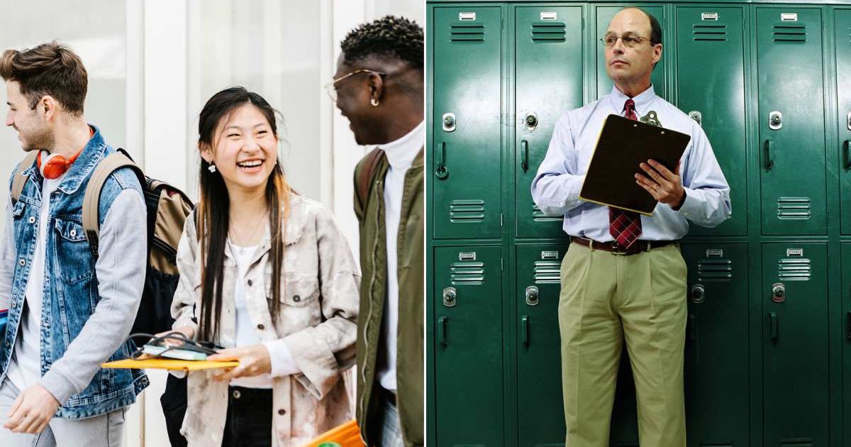 (L) A group of high school students in an outdoor space. (R) A principal standing in a school hallway with a clipboard. Representative Cover Image Source: Getty Images | Xavier Lorenzo; Yellow Dog Productions