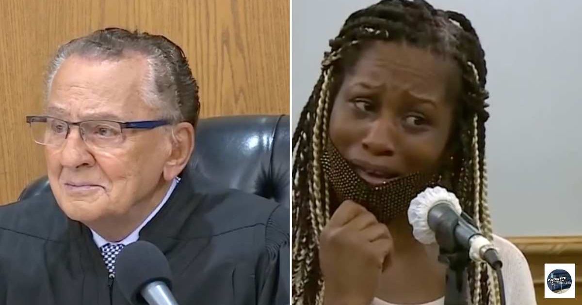 (L) Judge Frank Caprio at the court. (R) The mom talking to the judge with tears in her eyes. Cover Image Source: Facebook | Caught in Providence