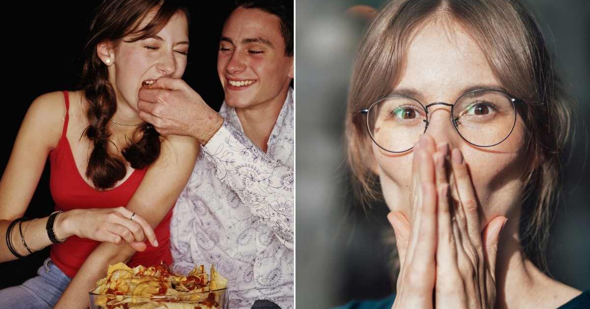 (L) A couple sharing a bowl of chips with each other. (R) Woman looking ahead with a surprised expression. Representative Cover Image Source: Getty Images | Tony Anderson; Westend61