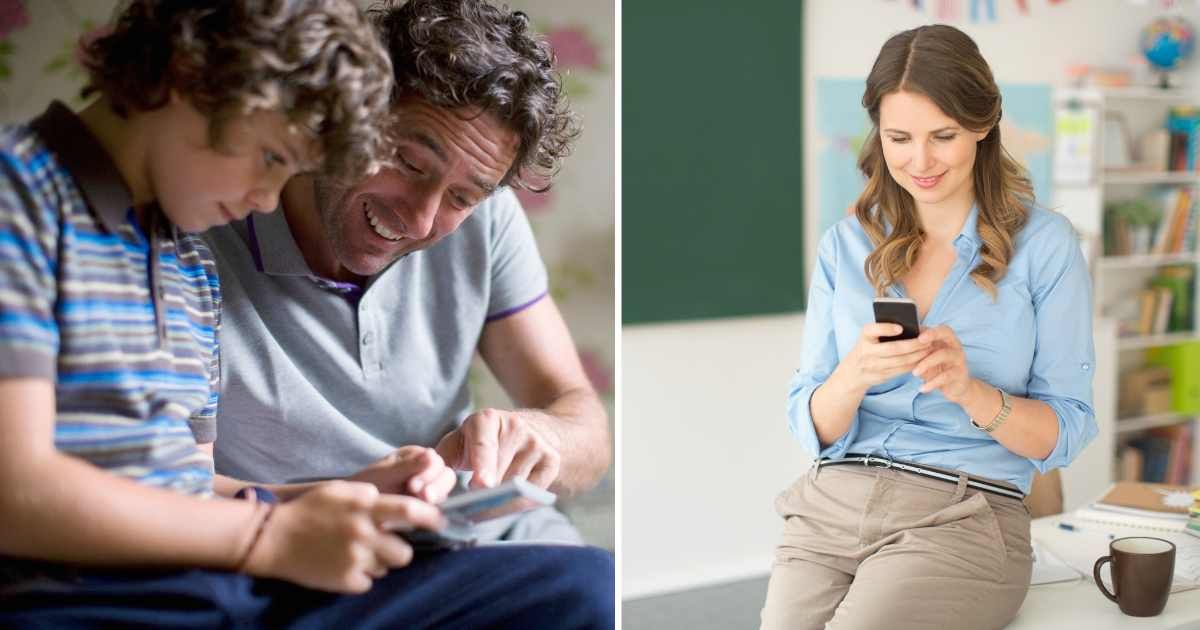 (L) A father sitting next to his son. (R) A school teacher using her phone. (Representative Cover Image Source: Getty Images | Photo by (L) Tom Merton, (R) svetkd)