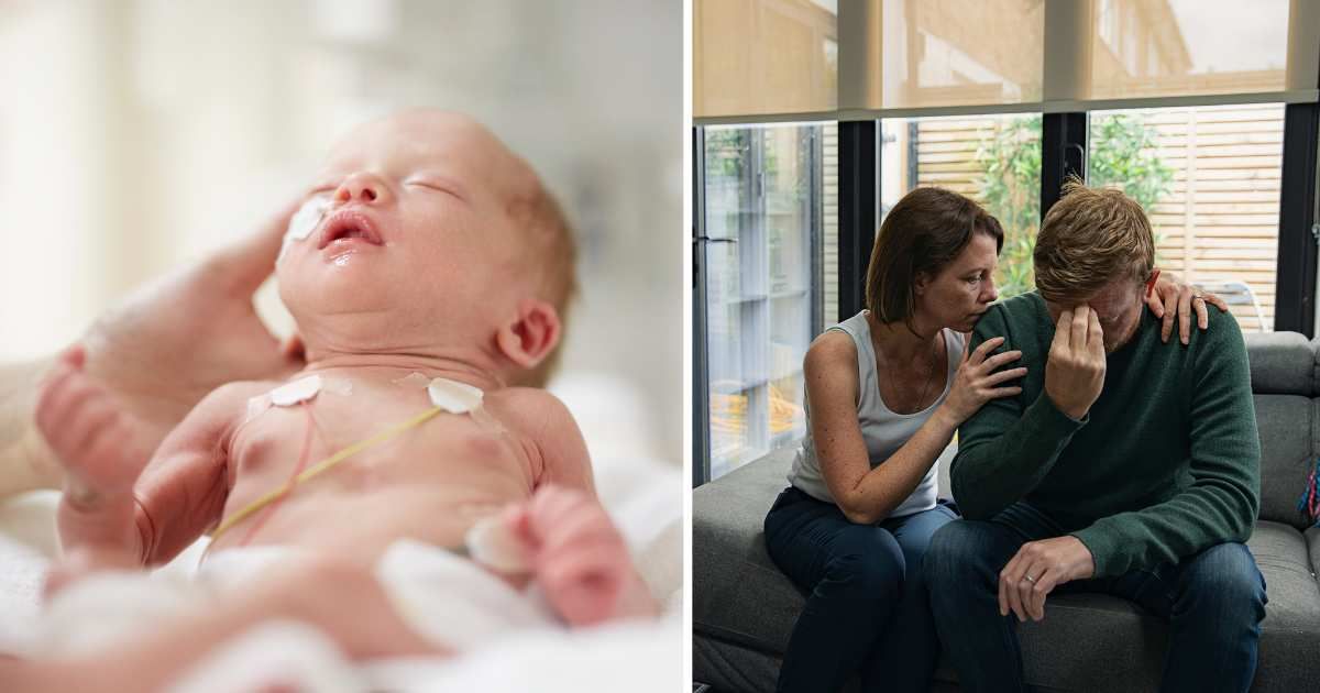 (L) A newborn baby in the hospital. (R) A couple looking worried. (Representative Cover Image Source: Getty Images | Photo by (L) Arrow, (R) Justin Paget)