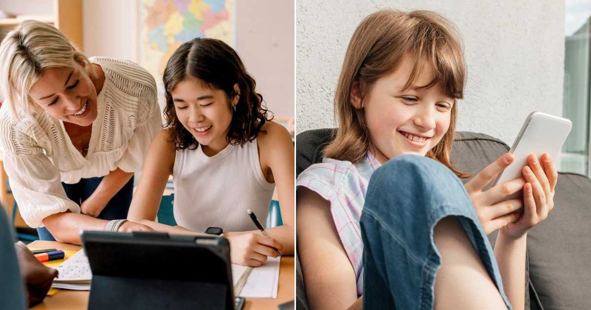 (L) Teacher talking to a student. (R) Teen girl reading a text on her phone. Representative Cover Image Source: Getty Images | Maskot; Elena Medoks