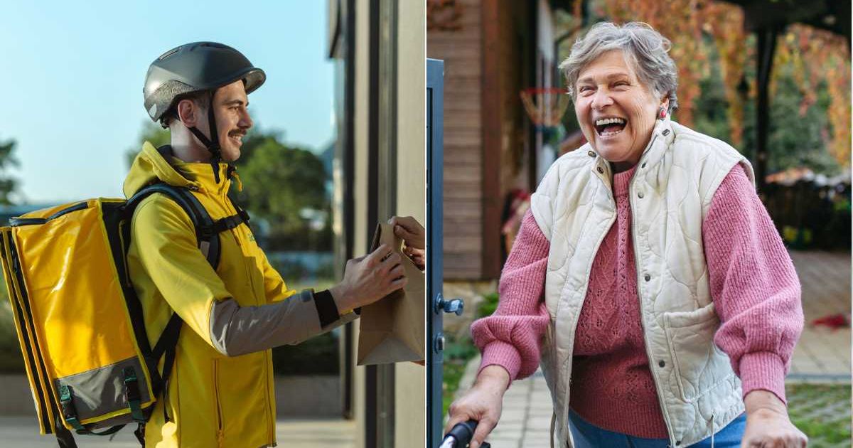 (L) A delivery driver dropping a package at a house. (R) An old woman looking ahead with a surprised and happy expression. Representative Cover Image Source: Getty Images | blackCAT; Halfpoint Images