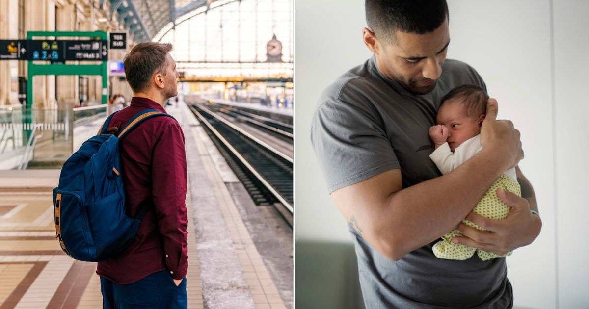 (L) Man waiting for a train. (R) Man holding a baby close to himself. Representative Cover Image Source: Getty Images | Alexander Spatari; Mayte Torres