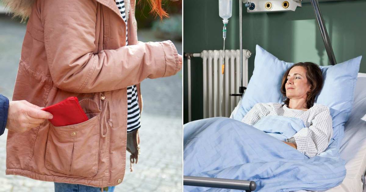 (L) A person stealing a woman's purse from her pocket. (R) Woman lying on a hospital bed. Representative Cover Image Source: Getty Images | Peter Dazeley; Halfdark