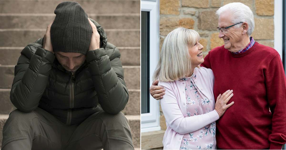 (L) Worried, struggling man sitting on street steps with hands on head, (R) Elderly couple standing outside home with warm smile. (Representative Cover Image Source: Getty Images| (R) Marcus Calvo, (L) SolStock)