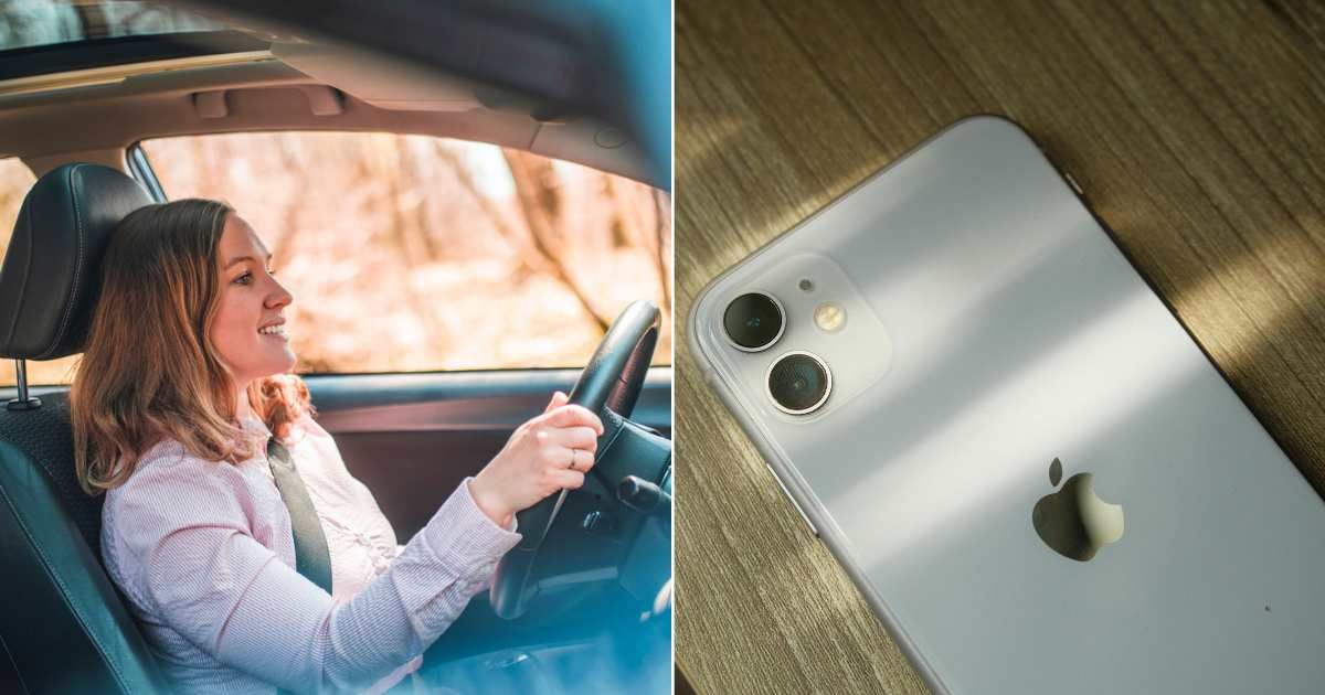 (L) Young woman driving in vehicle alone; (R) iPhone on table. (Representative Cover Image Source: (L) Getty Images | AzmanL; (R) Pexels | An Tran)