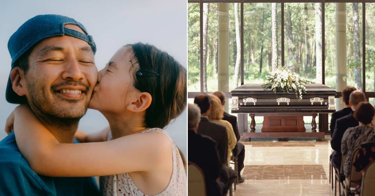 (L) Girl kissing her dad on the cheek. (R) People at a funeral ceremony. Representative Cover Image Source: Getty Images | Ippei Naoi; Terry Vine