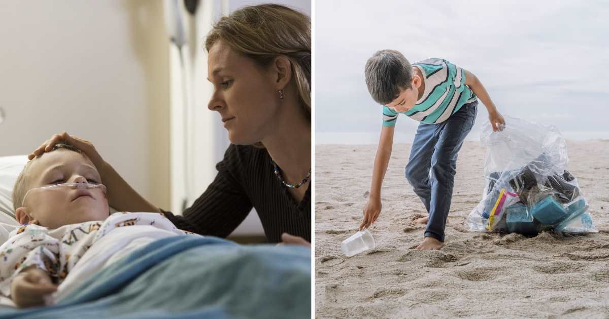 (L) A young mother with her child in the hospital. (R) A young boy cleaning the beach. (Representative Cover Image Source: Getty Images | Photo by (L) rubberball, (R) Yasser Chalid)