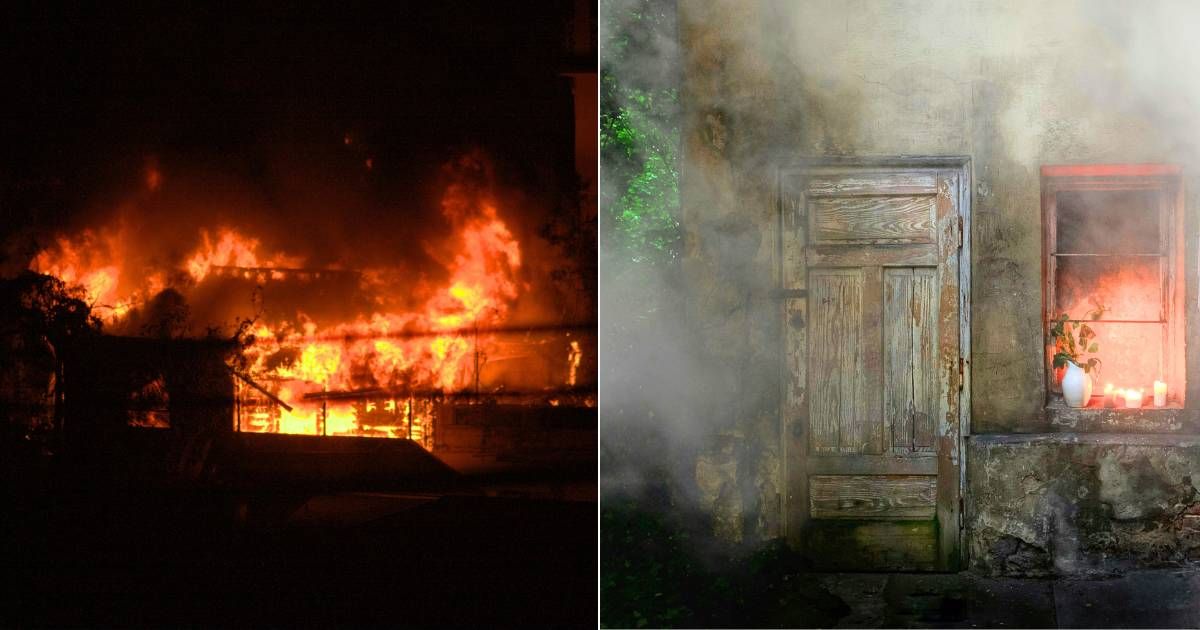(L) House on fire buring in flames. (Representative Cover Image Source: Unsplash| Carl Callwood), (R) House on fire with doors closed. (Representative Cover Image Source: Unsplash| Dawid Labno)