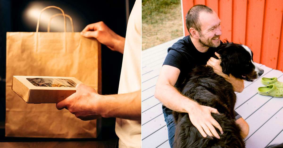 (L) Staff packing order to-go at restaurant. (Representative Cover Image Source: Pexels| Mikhail Nilov), (R) Man embracing dog with love. (Representative Cover Image Source: Pexels| Liza Bakay)