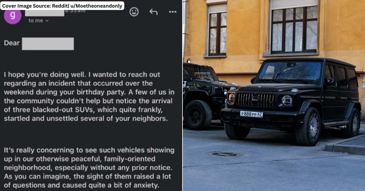 (L) Email sent by HOA to resident. (Cover Image Source: Reddit | u/Moetheoneandonly); (R) Black SUVs parked in the neighboring area. (Representative Cover Image Source: Unsplash | Vitali Adutskevich)