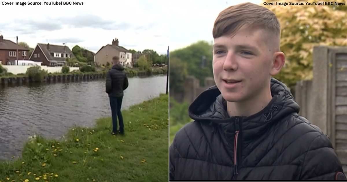 (L) 15-year-old Ryley Ferguson stands where he heard loud splash. (Cover Image Source: YouTube| BBC News), (R) Ferguson speaks in interview after heroic rescue (Cover Image Source: YouTube| BBC News)