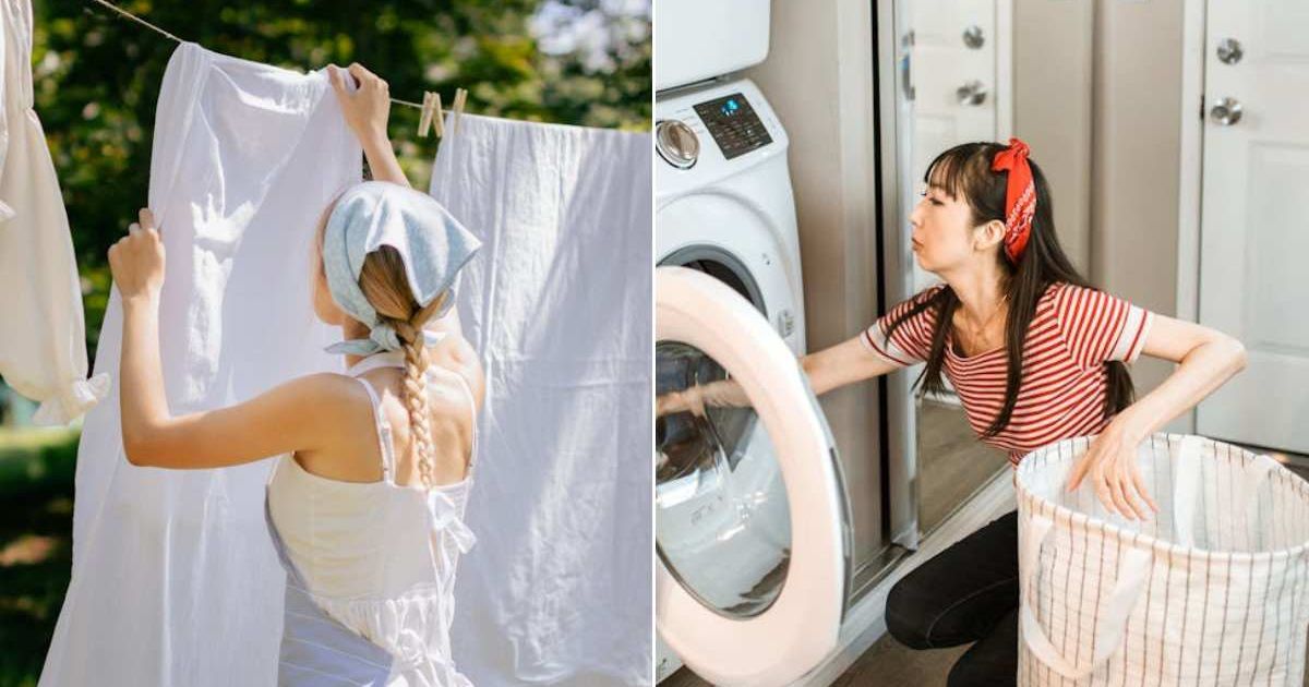 (L) Woman putting out her washing. (R) Woman taking clothes out of washing machine. Representative Cover Image Source: Pexels | Daniil Kondrashin; RDNE Stock Project