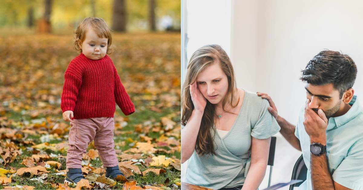 (L) Toddler struggling to take steps and walk. (Representative Cover Image Source: Unsplash| Anthony Fomin), (R) Worried parents stressed out in doctor's clinic. (Representative Cover Image Source: Pexels| RDNE Stock Project)