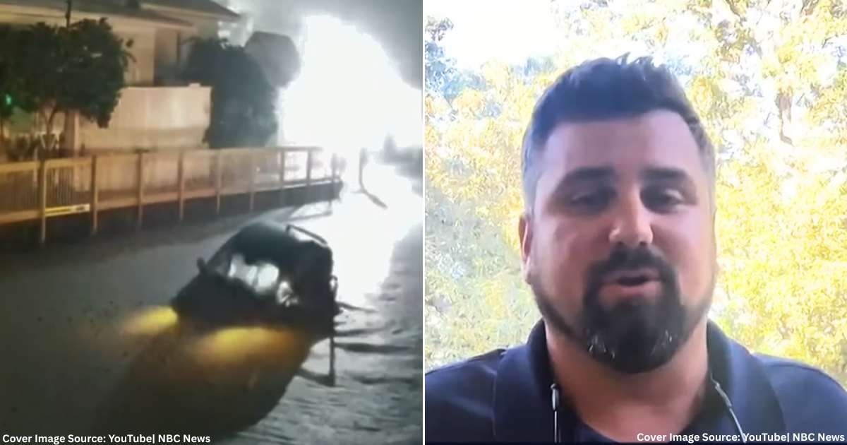 (L) Rideshare driver Peter Giusti's car sinking after accidental turn. (Cover Image Source: YouTube| NBC News), (R) Robert Heaton speaks in interview after saving driver. (Cover Image Source: YouTube| NBC News)