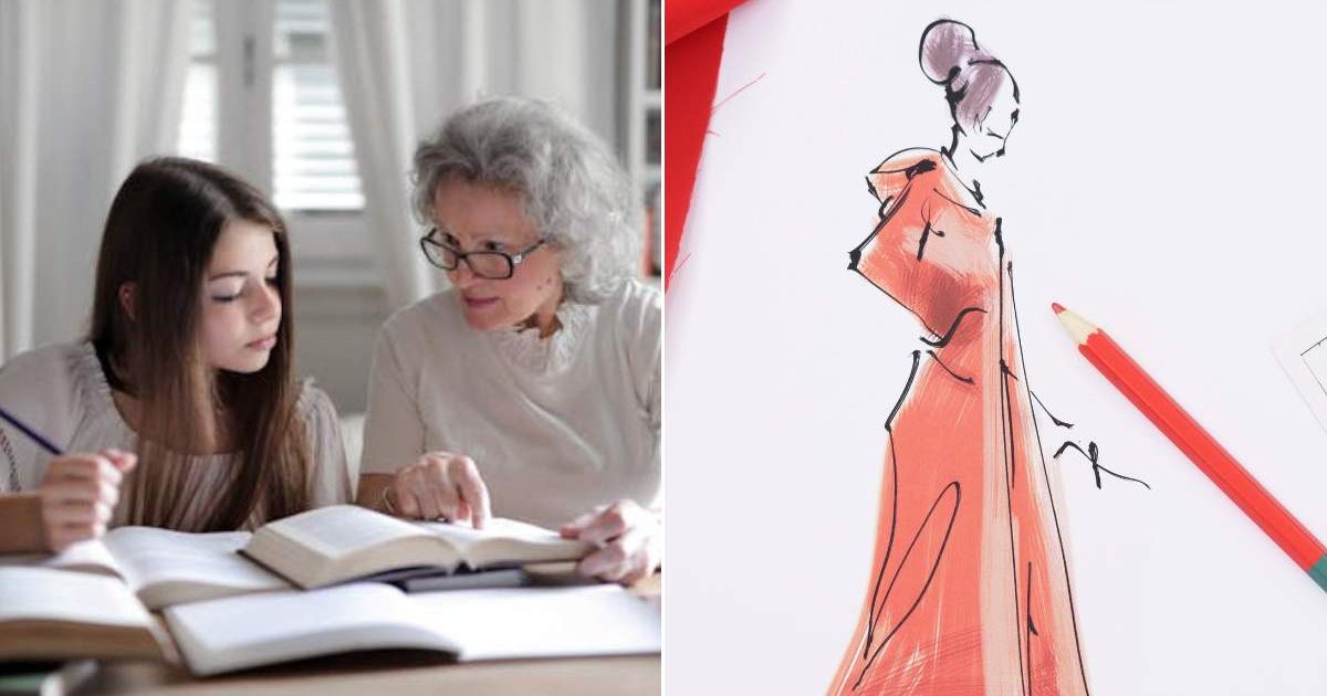 (L) Old woman talking to her granddaughter. (R) A fashion sketch. Representative Cover Image Source: Pexels | Andrea Piacquadio; Getty Images | Wera Rodsawang