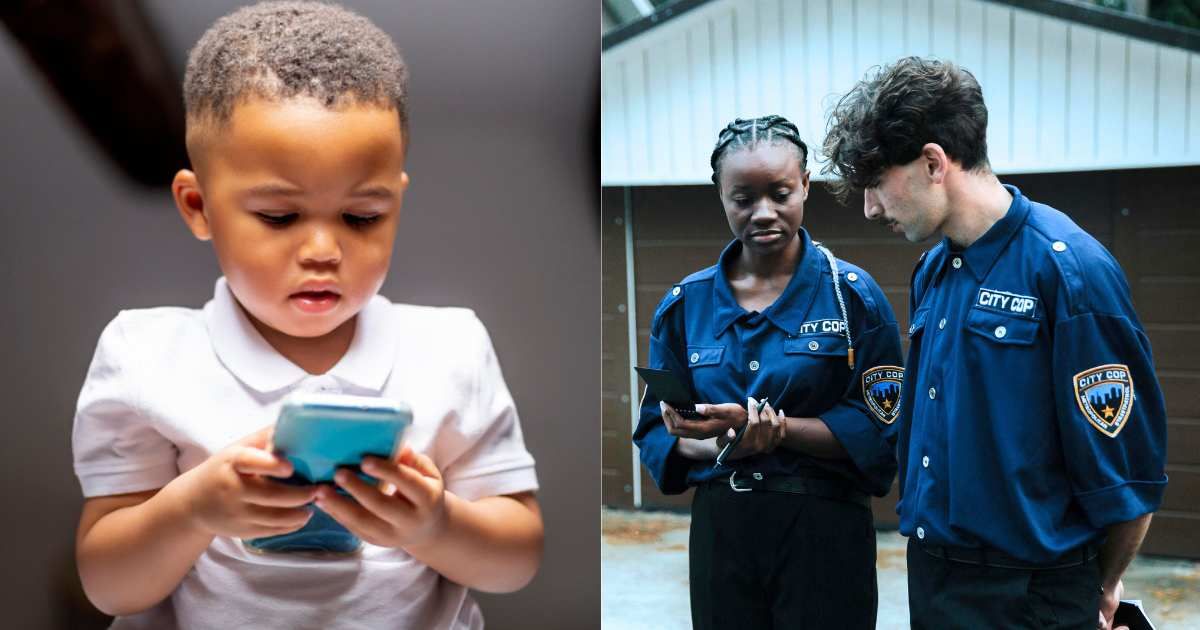 (L) Little boy holding phone in hand. (Representative Cover Image Source: Unsplash| Westend61), (R) Police officers responding to call and arriving on scene. (Representative Cover Image Source: Pexels| cottonbro studio)