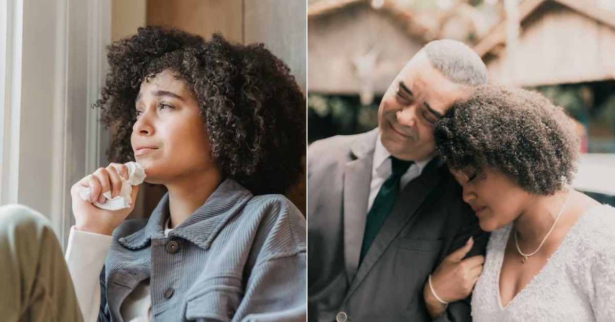 (L) Woman crying and wiping her face. (R) Bride with an older man. Representative Cover Image Source: Pexels | Liza Summer; Alexander Mass