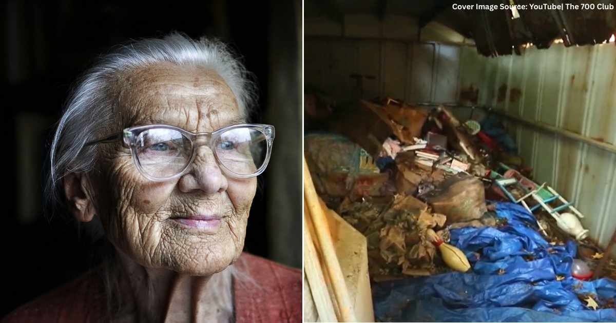 (L) Elderly woman smiling in relief with gratitude. (Representative Cover Image Source: Unsplash| Mali desha), (R) 90-year-old Agnes Maples' yard filled up with trash. (Cover Image Source: YouTube| The 700 Club)