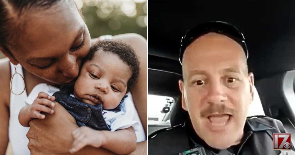 (L) Mom holding her baby close. (R) The officer giving an interview. Representative Cover Image Source: Getty Images | Cavan Images; YouTube | CBS 17
