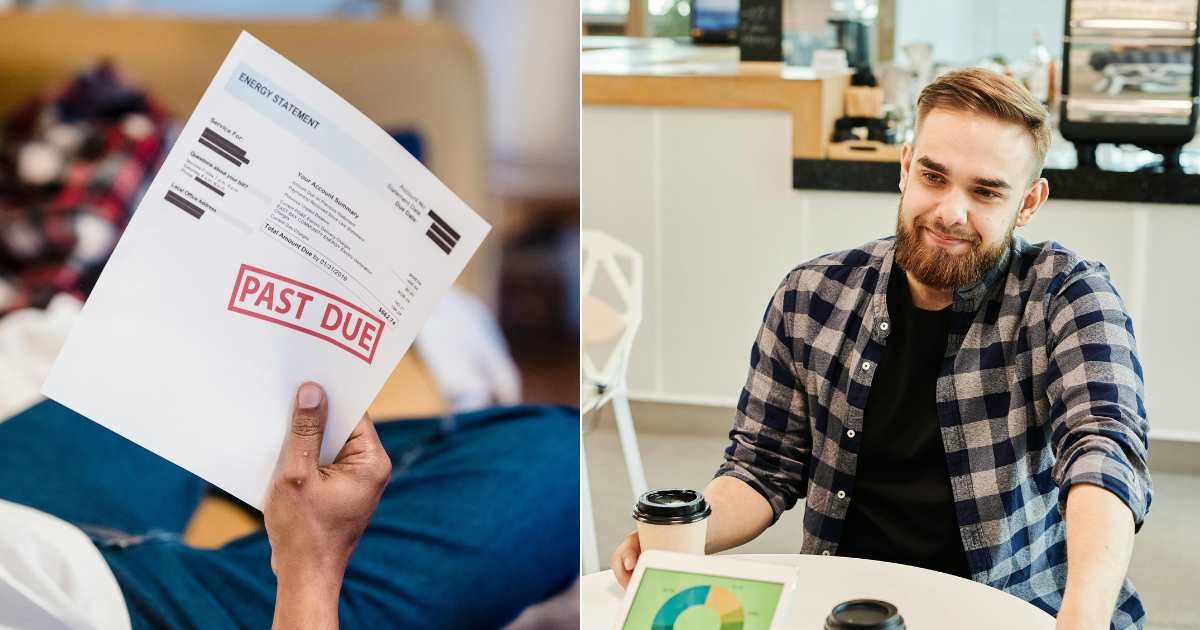 (L) Man looking at notice for overdue bill. (Representative Cover Image Source: Pexels| Nicola Barts), (R) Man looking at friend and smiling proudly. (Representative Cover Image Source: Pexels| Henri Matthieu)
