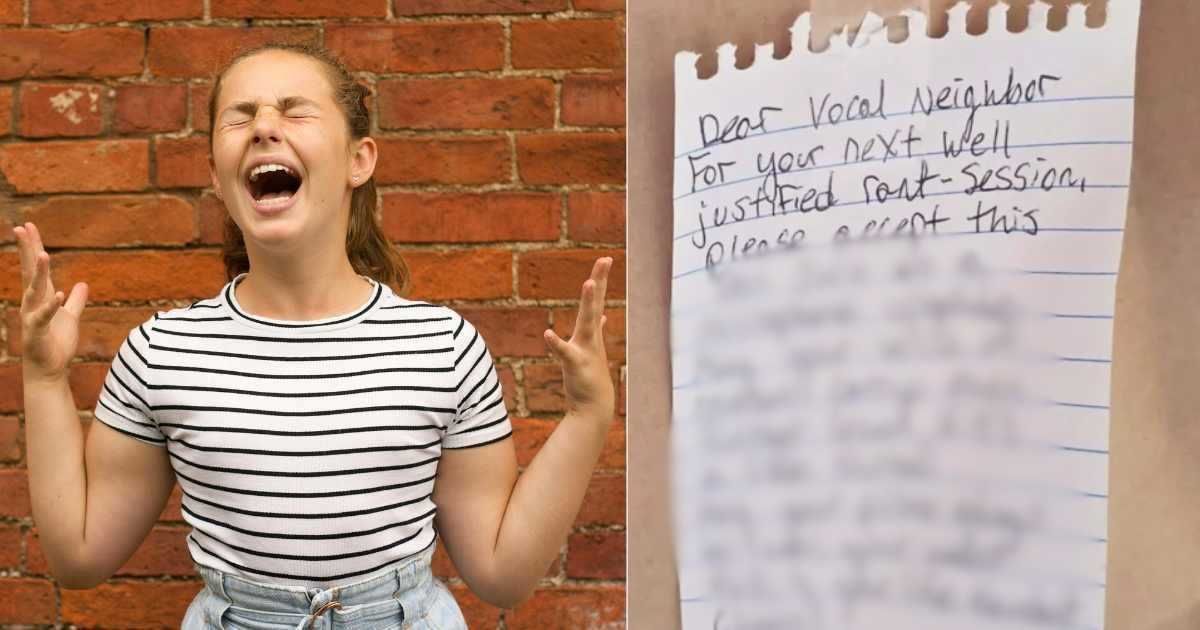 (L) Woman ranting and yelling aloud. (Representative Cover Image Source: Unsplash| Georgina Vigilecca), (R) A screenshot of the funny note the neighbor sent (Cover Image Source: Reddit| Expensive-Worker9638)