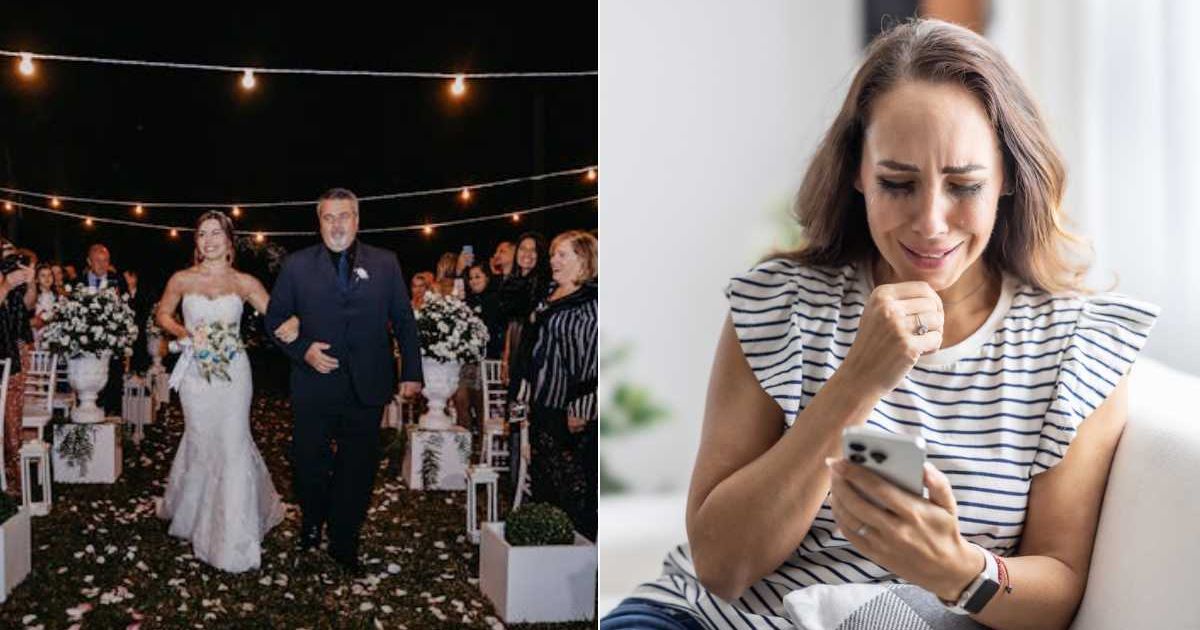 (L) Bride walking down the aisle with her dad. (R) Woman crying while looking at her phone. Representative Cover Image Source: Pexels | Jonathan Nenemann; Getty Images | Simple Images