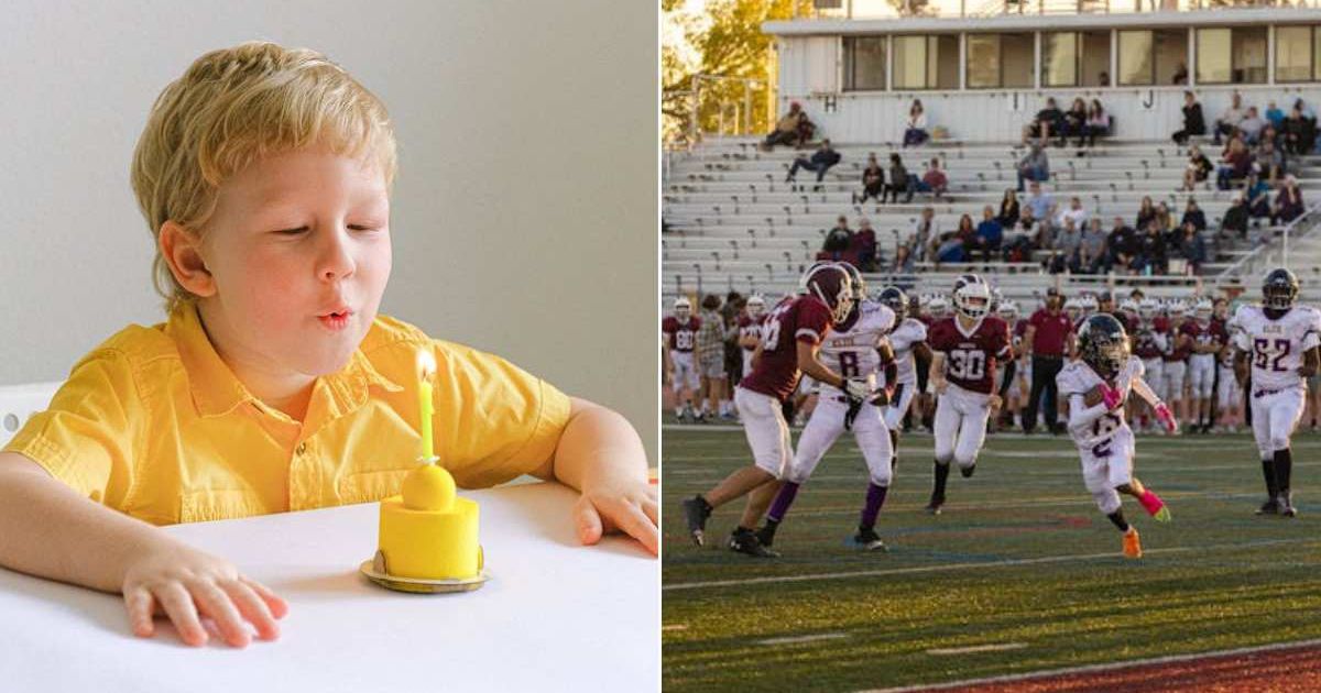 (L) Little boy celebrating his birthday. (R) A high school football team playing on the ground. Representative Cover Image Source: Pexels | Anna Shvets; Sean P. Twomey