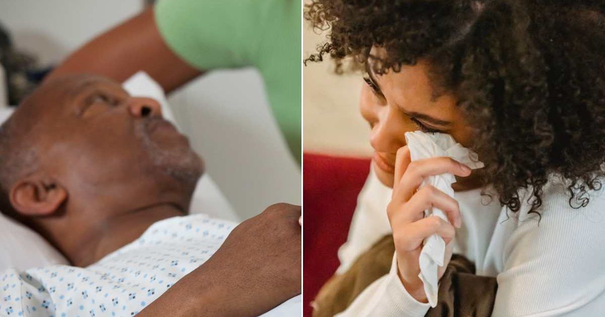 (L) A man lying on a hospital bed. (R) Woman wiping her tears with a tissue. Representative Cover Image Source: Getty Images | Ariel Skelley; Pexels | Liza Summer