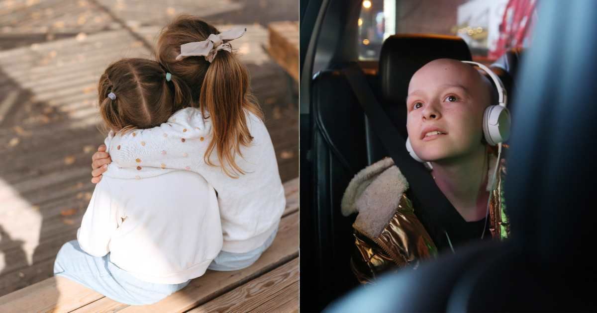 (L) Two little girls hugging and expressing friendship. (Representative Cover Image Source: Pexels| matvalina), (R) Little girl riding in the backseat of a taxi after cancer treatment. (Representative Cover Image Source: Getty| Mireya Acierto)