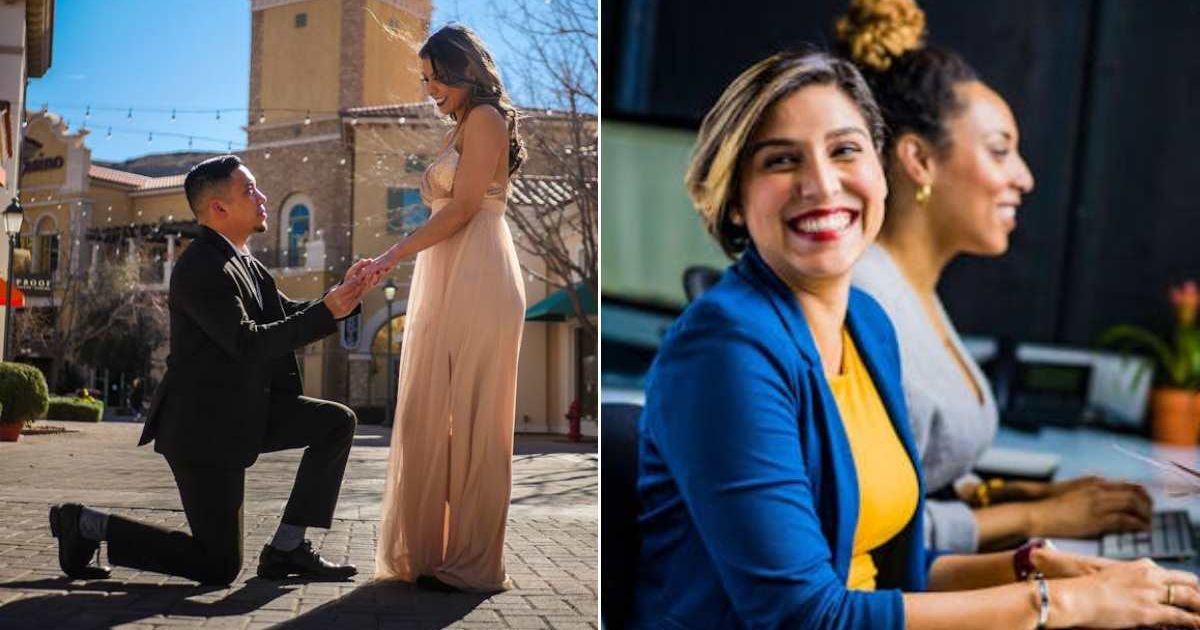 (L) A man proposing to a woman. (R) Woman looking ahead with a smile on her face. Representative Cover Image Source: Pexels | Prime Cinematics; Jopwell
