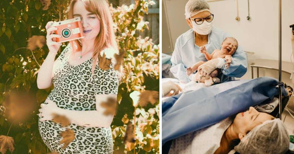 (L) Pregnant woman clicking a photo outdoors. (R) Doctor carrying a woman's newborn baby in delivery room. Representative Cover Image Source: Pexels | Lisa; Jonathan Borba
