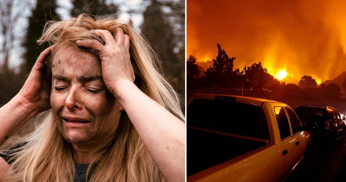 (L) A despair woman portrait in after fire in the house. (R) People exiting a community in their cars as fire threaten their homes. Representative Cover Image Source: Getty | left by Biserka Stojanovic and right by gschroer)