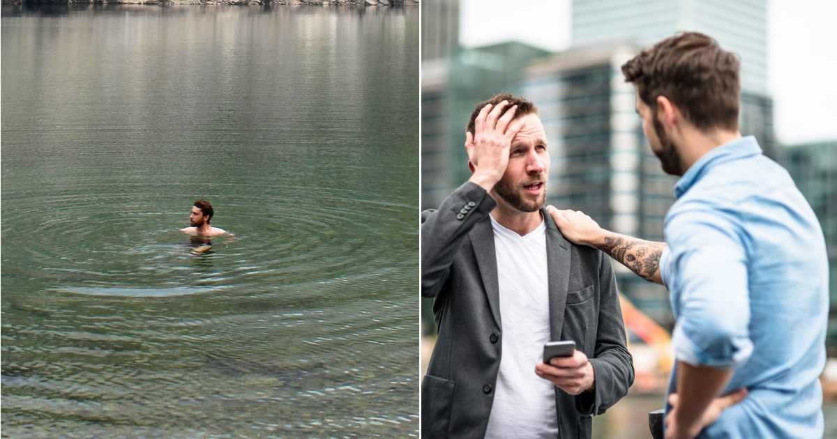 (L) Man stranded in water alone, looking worried. (Representative Cover Image Source: Unsplash| Gökhan Kara), (R) Friends worried, trying to figure something out. (Representative Cover Image Source: Getty Images| franckreporter)
