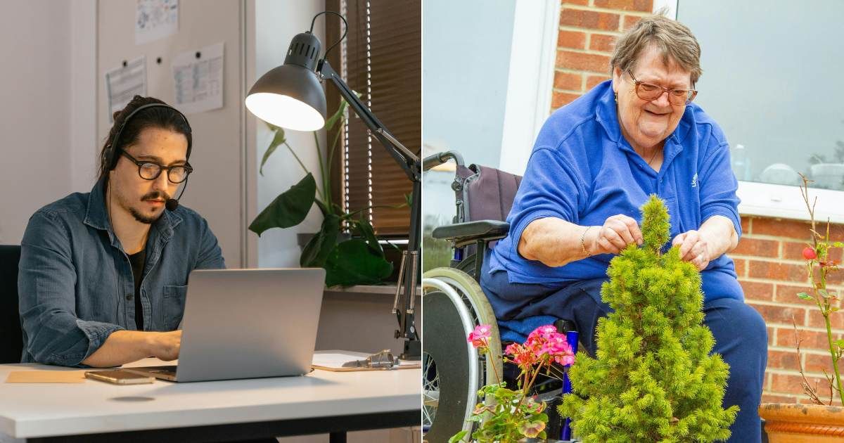 (L) Dispatcher speaking via microphone to caller. (Representative Cover Image Source: Pexels| Mart Production), (R) Elderly woman in wheelchair admiring plants outside her home. (Representative Cover Image Source: Pexels| Center for Ageing Better)