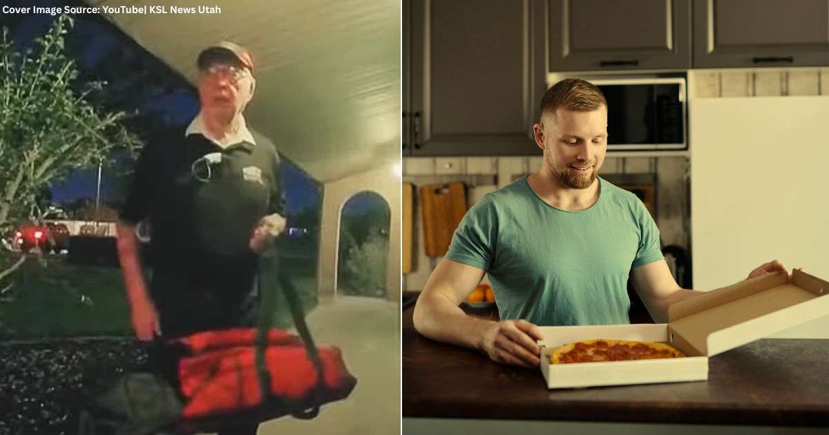 (L) 89-year-old Derlin Newey delivering pizza at doorstep. (Cover Image Source: YouTube| KSL News Utah), (R) Customer opening pizza delivery, feeling content. (Representative Cover Image Source: Pexels| Norma Mortenson)