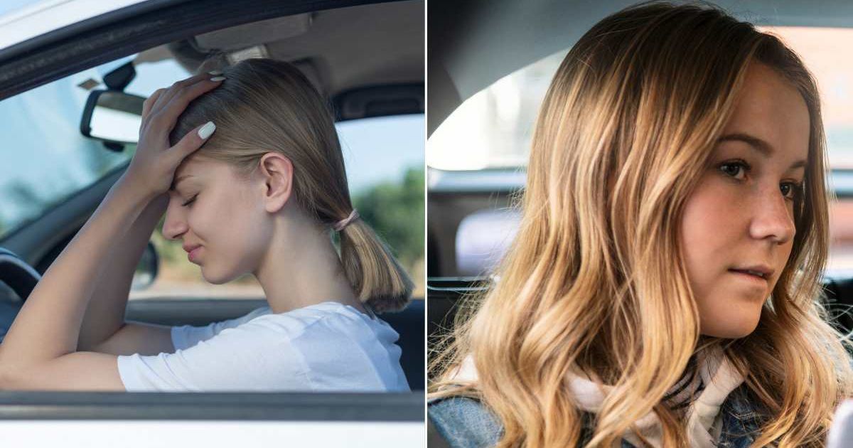 (L) Distressed woman inside a car. (R) Girl in backseat looking ahead. Representative Cover Image Source: Getty Images | Murat Deniz; Kentaroo Tryman